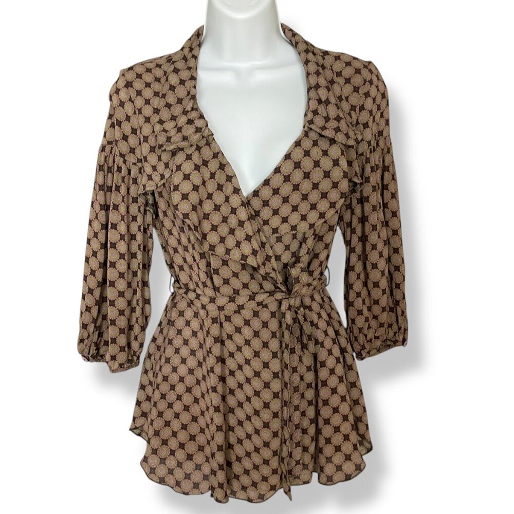 Didi Wrap Blouse Floral Print Ruffle Size Small Women Top Brown Green Purple Mod